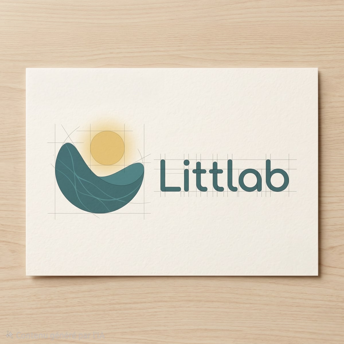 Official Wamid logo mockup: cream paper card on wooden background with stylistic construction lines